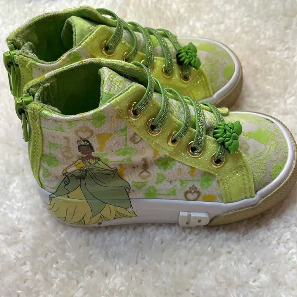 Disney Toddler High Top Princess Tiana Sneakers and Bebe Gold tone Sandal Sz 7
